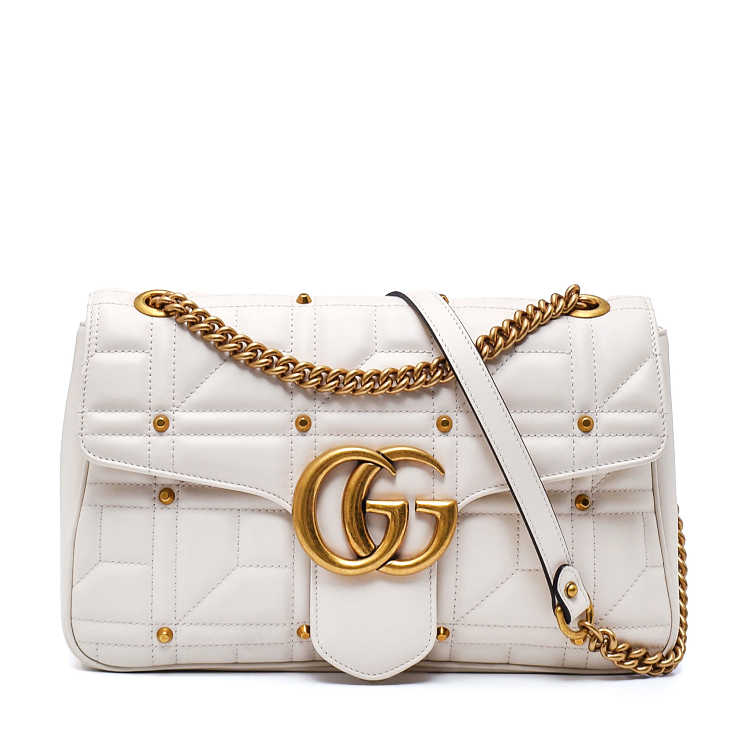 Gucci - White Marmont Matelasse Leather Studded Medium Flap Bag